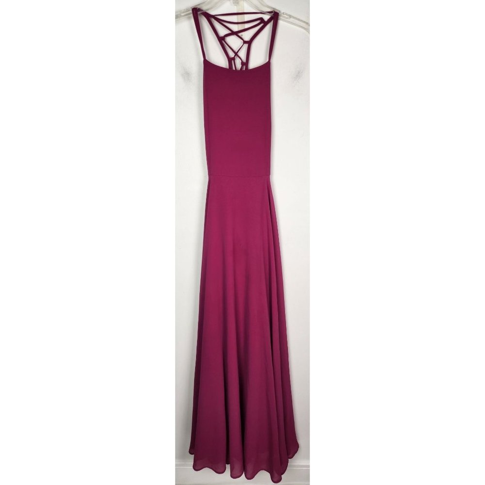 Lulus Women's Sz. S Strappy To Be Here Magenta Lace-Up Maxi Dress - Picture 3 of 10